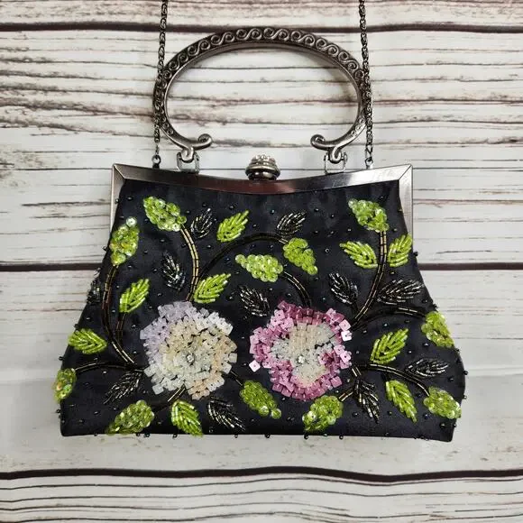 CEM Vintage Black Sequins Silver Handle Purse Mini Bag Floral - Picture 2 of 8